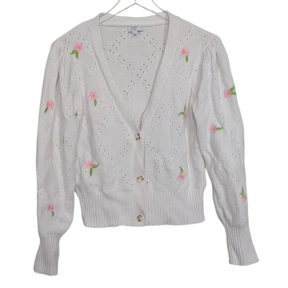 crown & ivy Sweaters - Crown & Ivy Floral Cardigan Womens Size Large White Cotton Cottagecore V Neck